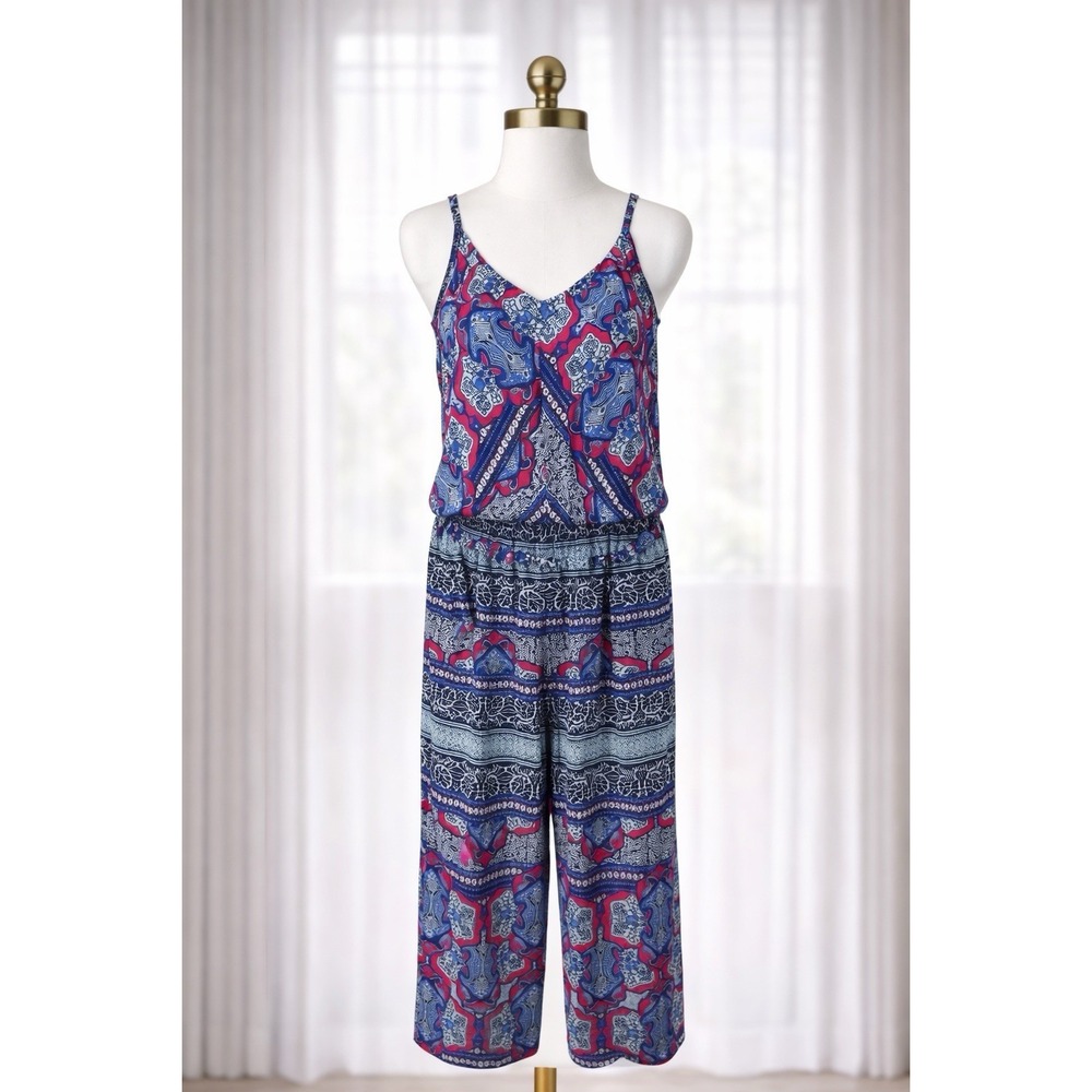 Tommy Bahama Wide Leg Crop Tank Jumpsuit Women's‎ Size XS Blue Print Beach